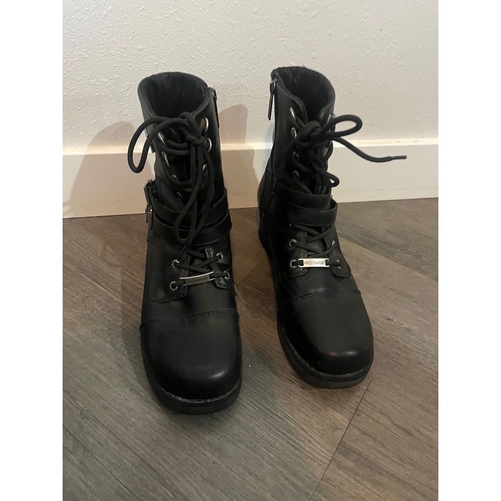 Harley Davidson Womens Black Leather Biker Boots Lace Up Side Zip Size 11 M